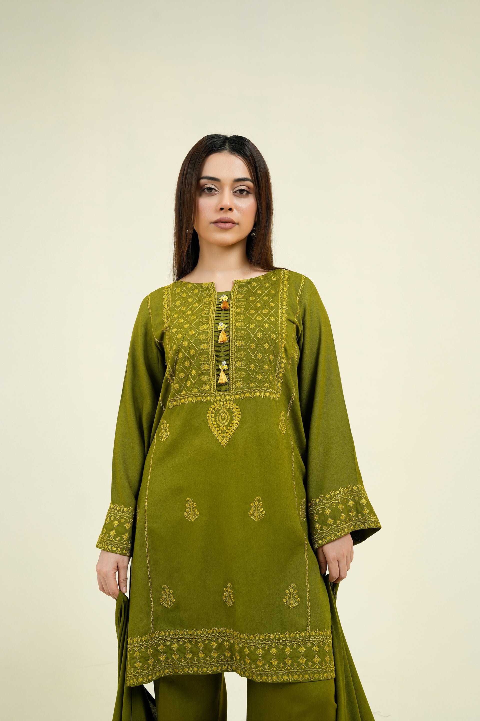3PC-Olive Embroidered