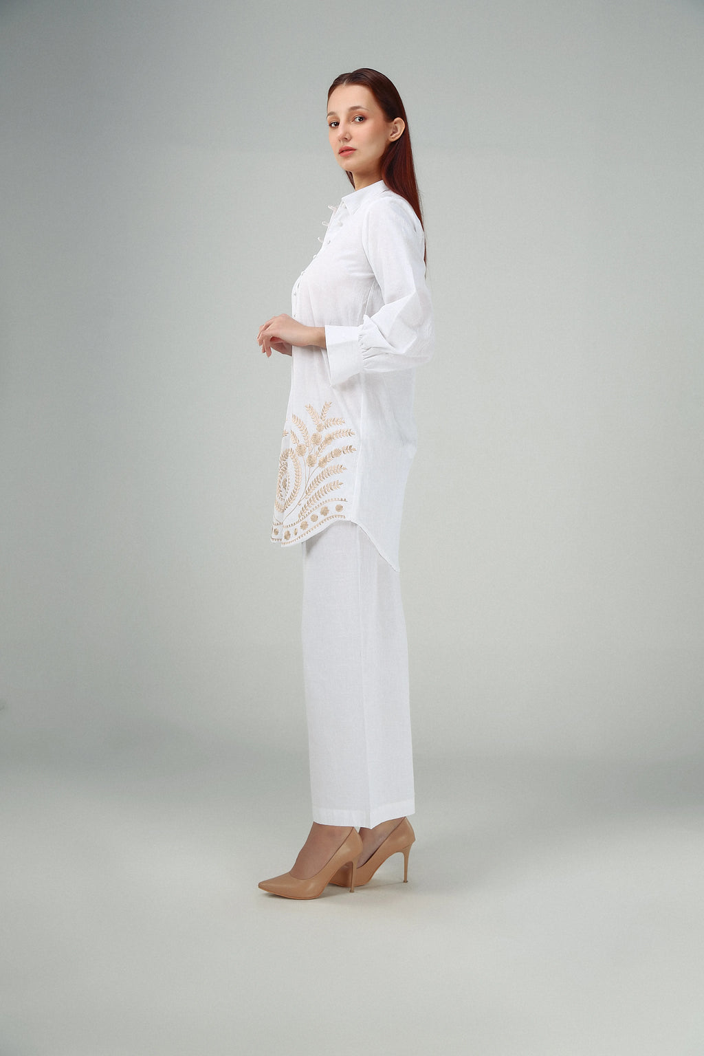 2PC-White Gold Embroidered