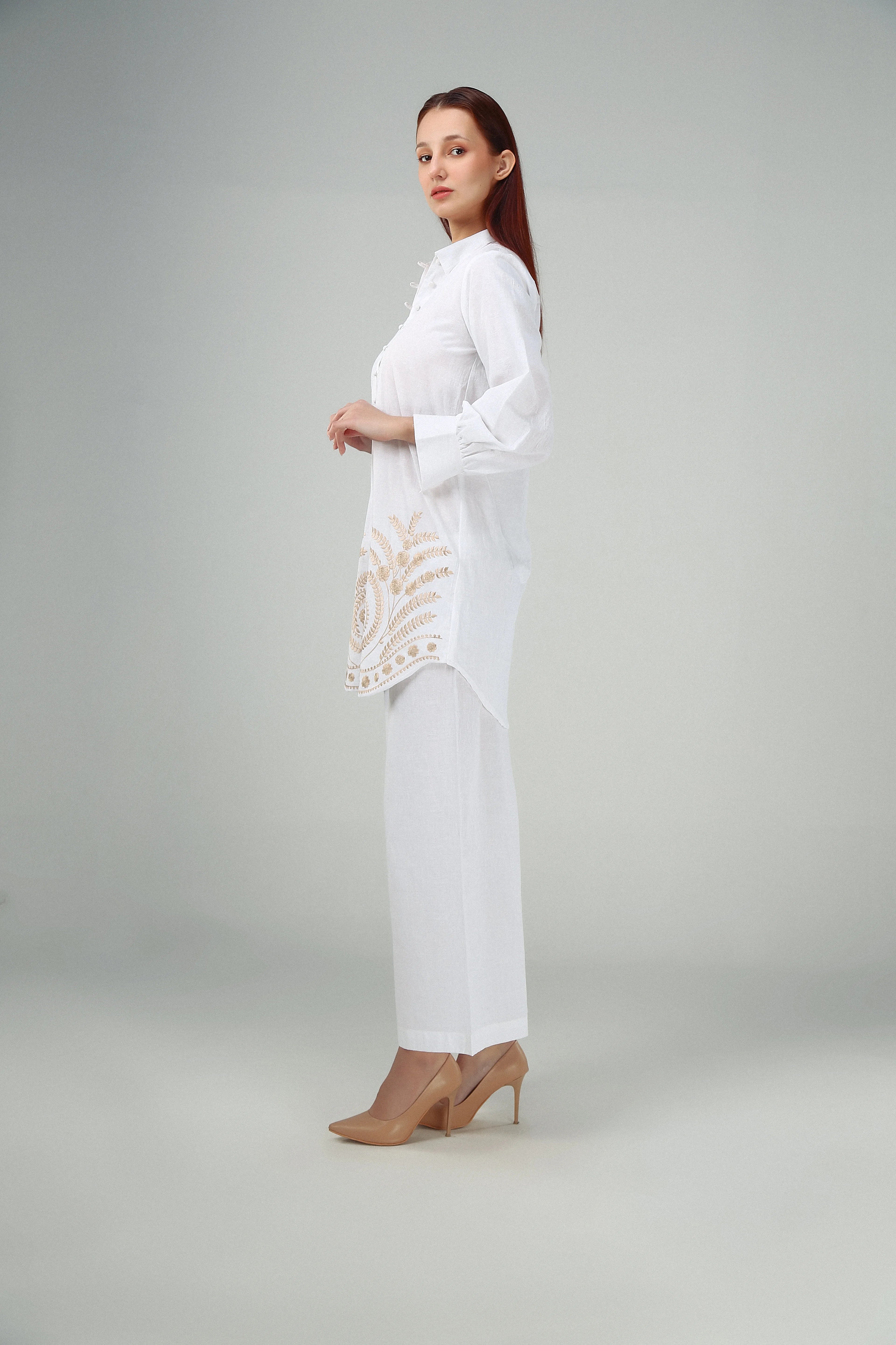 2PC-White Gold Embroidered