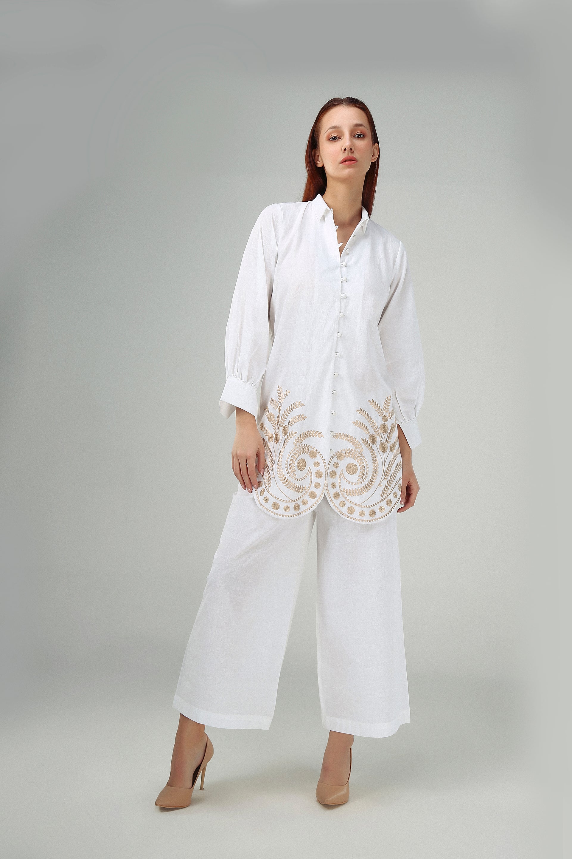2PC-White Gold Embroidered