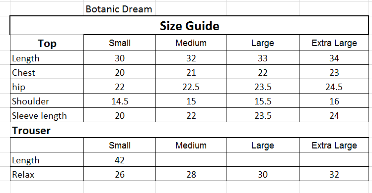 Size chart for 2PC-Botanic Print