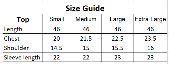 Size chart for Checkered Shirt