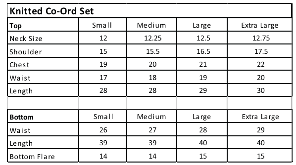 Size chart for Knitted Co-Ord Set