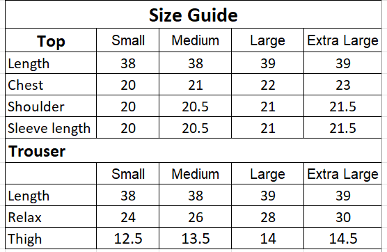 Size chart for 2PC-Coral Candy