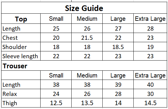 Size chart for 2PC-Coral Dreams