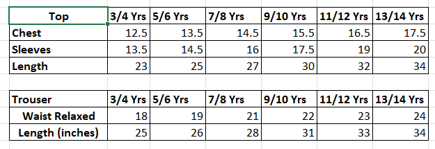 Size chart for 2PC-Autumn Haze