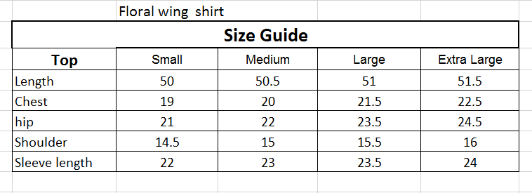 Size chart for 1PC-Flora Wing Print