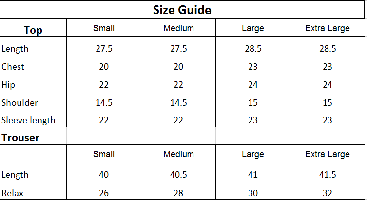Size chart for INKLINE Co-Ord Set