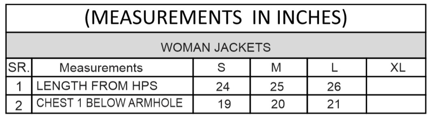 Size chart for Luxe Button Jacket
