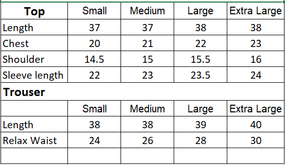 Size chart for 3PC-Embroidered