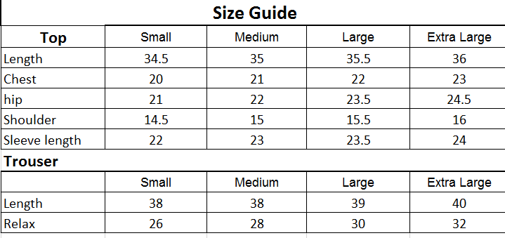 Size chart for 3PC-Majesty Embroidered