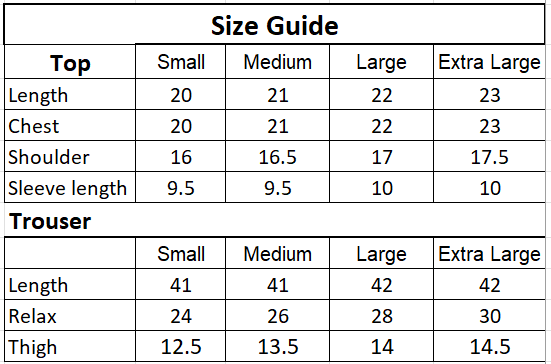 Size chart for 2PC-Mosaic Embroidered