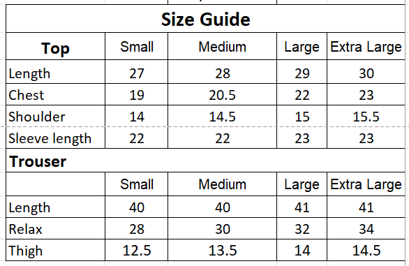 Size chart for 2PC-Navy Jequard