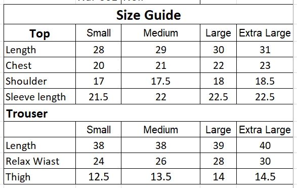 Size chart for Noir Co-Ord