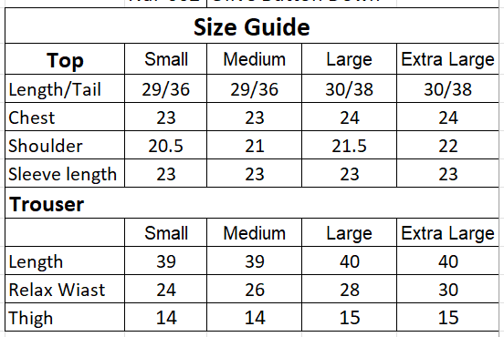 Size chart for 2PC-Olive Button Down