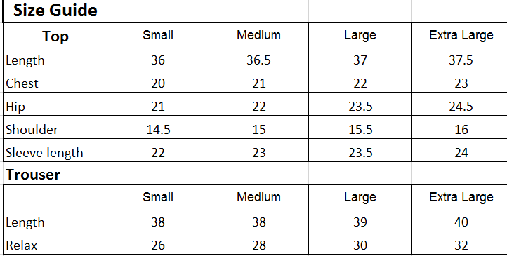 Size chart for 3PC-Embroidered