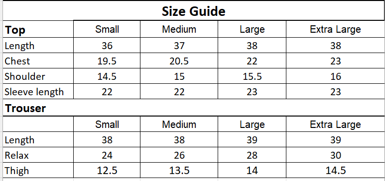 Size chart for 2PC-Rosa Print