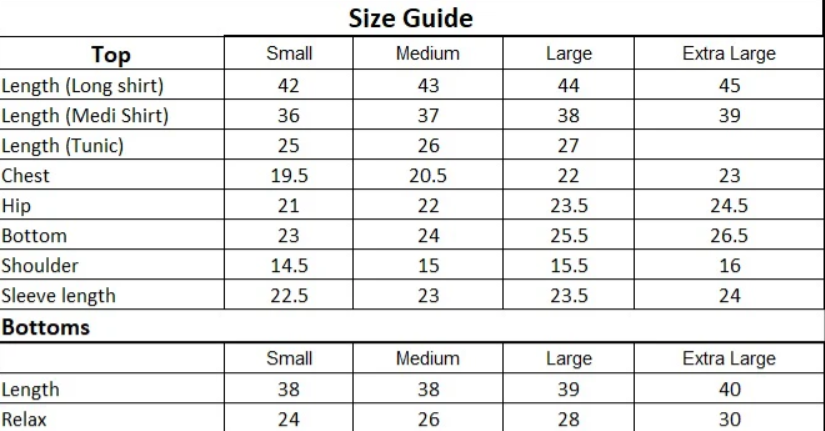 Size chart for 3PC-Classic Black Embroidered