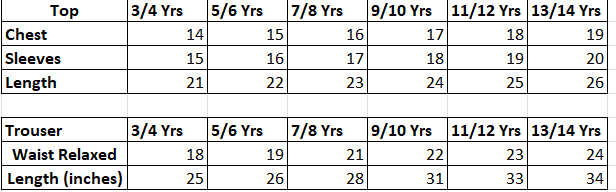 Size chart for 2PC-Zinc Bloom