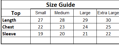 Size chart for Gery Hoodie