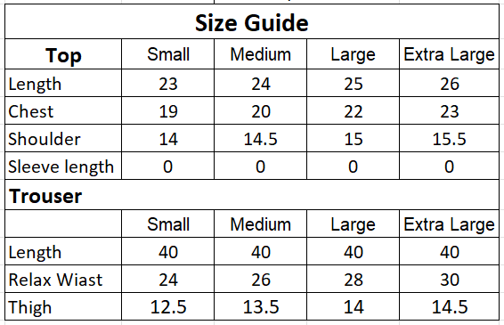 Size chart for 2PC-Tank Top-Black