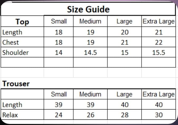Size chart for Floral Border Co-Ord Set