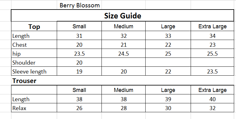 Size chart for 2PC-Berry Blossom Print