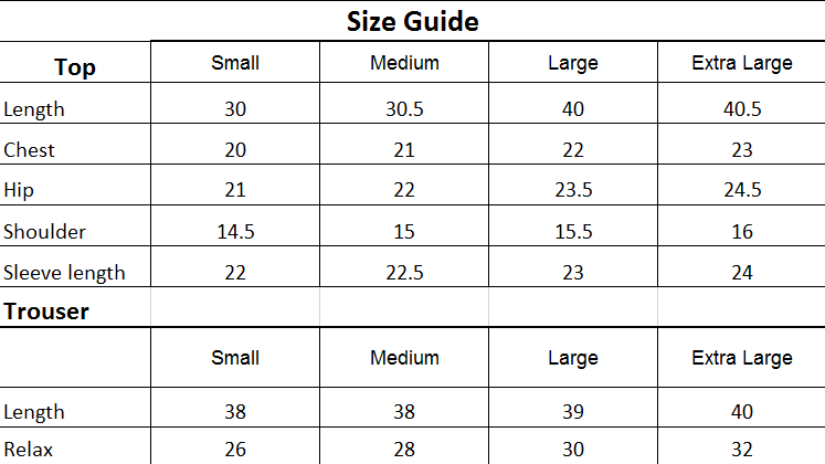 Size chart for Black-Co-Ord Set