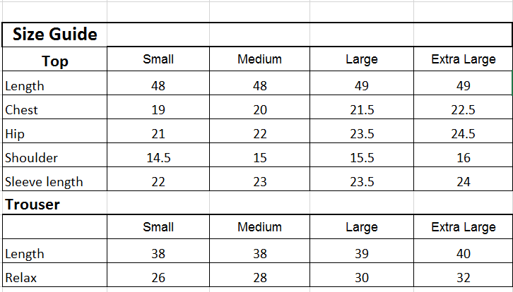 Size chart for 2PC-Burnt Orange Kurta