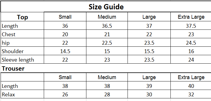 Size chart for 3PC-Geomix Print