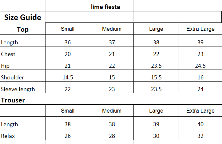 Size chart for 2PC-Lime Fiesta Embroidered