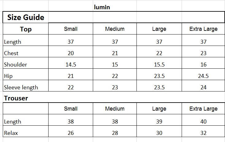 Size chart for 3PC-Lumin Embroidered