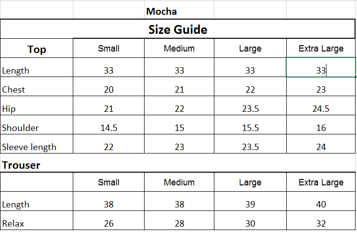 Size chart for 3PC-Embroidered