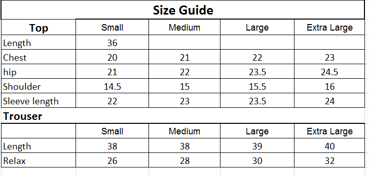 Size chart for 2PC-Embroidered