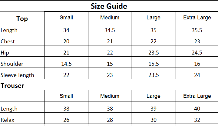 Size chart for 2PC-Onyx Print