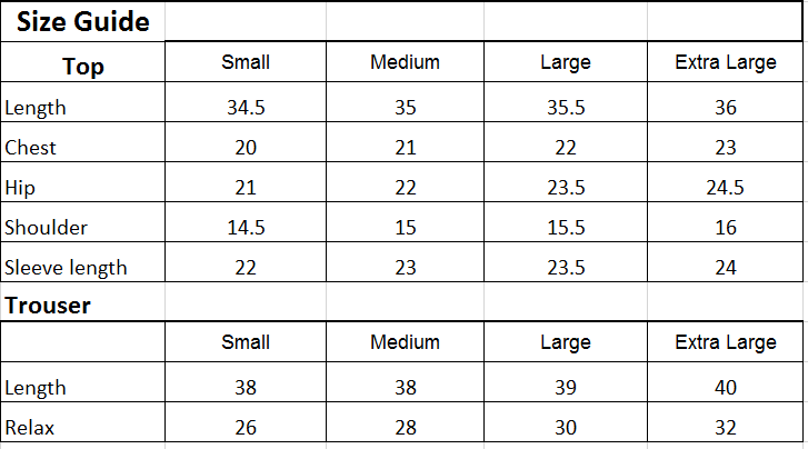 Size chart for 3PC-Orange Oasis Print