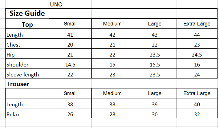 Size chart for 3PC-Embroidered