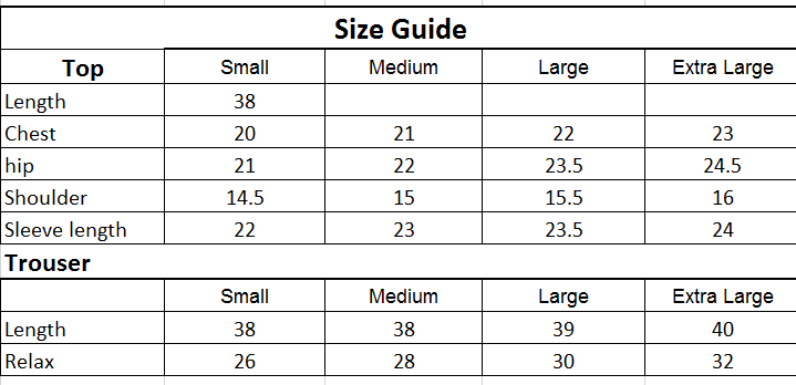 Size chart for 2PC-Zuzu Print